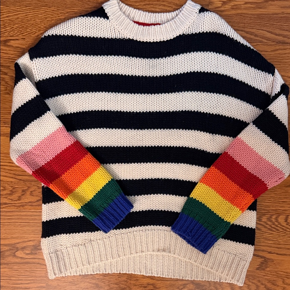 Sundry Striped Black & White Sweater with Rainbow Striped Sleeves